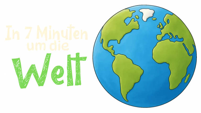 Abbildung der Erde mit dem Text „In 7 Minuten um die Welt“ auf Deutsch, was so viel bedeutet wie „In 7 Minuten um die Welt“.