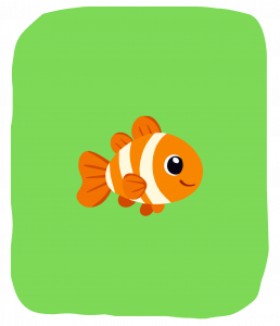 Cartoon-Illustration eines orange-weißen Clownfisches mit einem lächelnden Gesicht vor einem einfarbigen hellgrünen Hintergrund.
