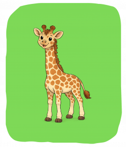 Cartoon-Illustration einer jungen Giraffe mit orangefarbenen Flecken, die auf einem grünen Hintergrund steht.