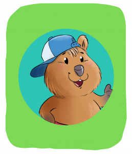 Cartoon-Biber mit einer blau-weißen Baseballkappe, der lächelt und winkt, vor einem blaugrünen Kreis auf grünem Hintergrund.