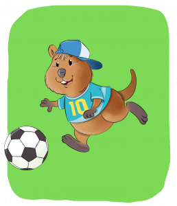 Ein Biber aus einem Cartoon, der ein blaues Trikot und eine Mütze trägt, kickt vor einem grünen Hintergrund einen Fußball.