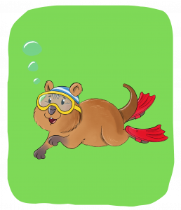 Eine Comic-Otterfigur mit Schwimmbrille, Badekappe und roten Schwimmflossen schwimmt unter Wasser, während über ihrem Kopf Blasen aufsteigen; das Ganze vor einem grünen Hintergrund.