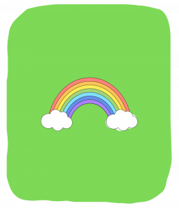 Eine einfache Illustration eines Regenbogens mit sechs Farben und zwei Wolken auf einem einfarbigen grünen Hintergrund.
