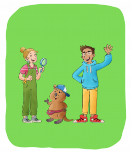 Zwei lächelnde Kinder, von denen eines eine Lupe in der Hand hält, stehen neben einem Biber, der eine Mütze und eine Gürteltasche trägt – das Ganze vor einem einfarbigen grünen Hintergrund.