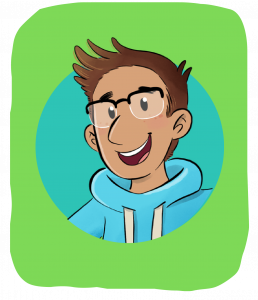 Cartoon-Illustration einer lächelnden Person mit kurzen braunen Haaren, Brille und einem blauen Kapuzenpulli, dargestellt vor einem blauen Kreis auf grünem Hintergrund.