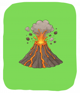 Cartoon-Illustration eines ausbrechenden Vulkans, bei dem Lava an den Flanken herabfließt, Rauch aufsteigt und Gesteinsbrocken herausgeschleudert werden, vor einem einfarbigen grünen Hintergrund.