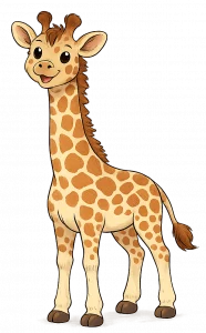 Cartoon-Illustration einer lächelnden Giraffe mit braunen Flecken, die aufrecht auf einem weißen Hintergrund steht und nach vorne blickt.
