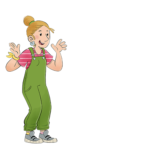 Illustration eines lächelnden Mädchens mit blonden Haaren im Pferdeschwanz, das ein rosa gestreiftes Shirt, eine grüne Latzhose und Turnschuhe trägt. Der Text neben ihr lautet: „Jojo. Hey, ich bin Jojo. Ich liebe es, in der Natur zu sein.“.