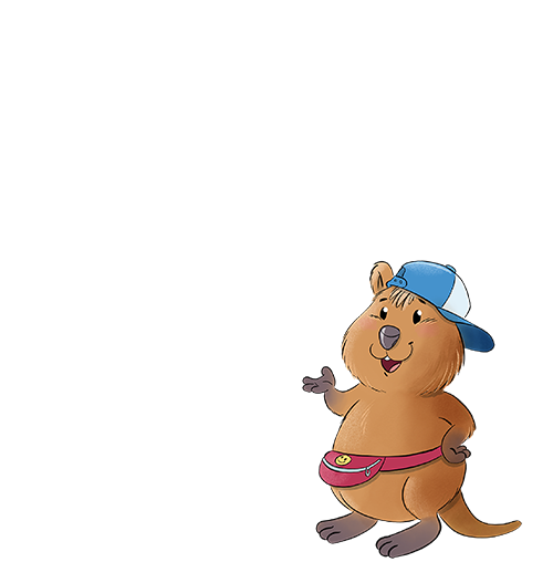 Illustration eines lächelnden Quokkas mit einer blauen Mütze und einer roten Gürteltasche, mit einem deutschen Text, in dem die Figur als „Kiko“ vorgestellt wird, dessen Lieblingsfarbe Blau ist.