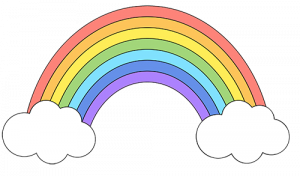 Eine einfache Darstellung eines Regenbogens mit sechs farbigen Streifen, der sich zwischen zwei weißen Wolken vor einem einfarbigen Hintergrund wölbt.