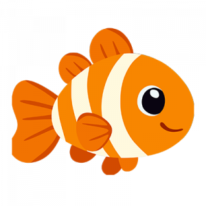 Cartoon-Illustration eines orange-weiß gestreiften Fisches mit großen Augen und einem leichten Lächeln, der einem Clownfisch ähnelt, vor einem schlichten, hellen Hintergrund.