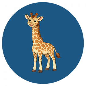 Cartoon-Illustration einer lächelnden Giraffe mit braunen Flecken, die auf allen vier Beinen steht, vor einem einfarbigen blauen, kreisförmigen Hintergrund.