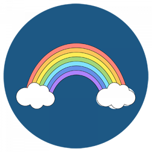 Ein Regenbogen mit sechs farbigen Streifen spannt sich zwischen zwei weißen Wolken vor einem dunkelblauen, kreisförmigen Hintergrund.