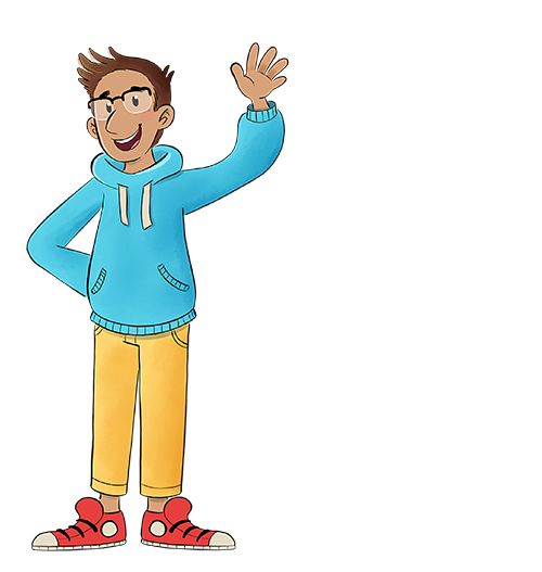 Ein Cartoon-Junge mit Brille, braunen Haaren, blauem Kapuzenpulli, gelber Hose und roten Turnschuhen winkt. Der Text stellt ihn auf Deutsch als Theo vor, der gerne Antworten findet und Fragen stellt.